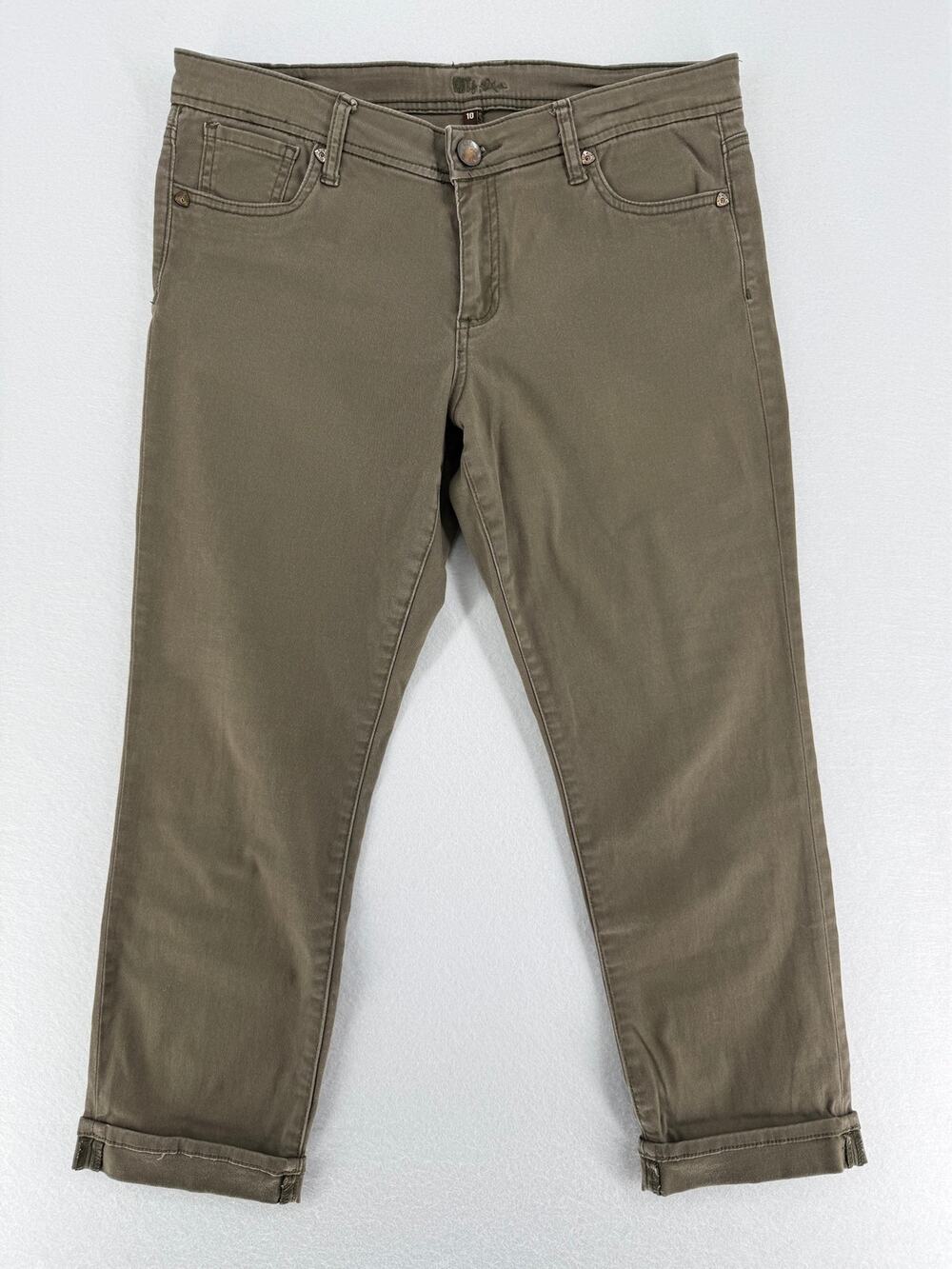 KUT From The Kloth Womens 10 Olive Green Stretch Twill Pants Cuffed Straight